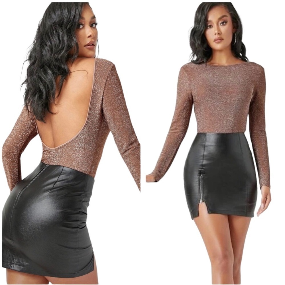 Shein METALLIC bronze STRETCH BODYSUIT open back BLOUSE SHIRT